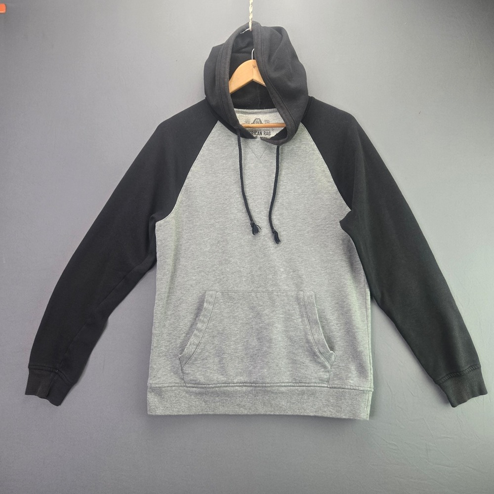 American Rag Hoodie Raglan Pullover Size M Grey Black Two Tone Kangaroo Pocket